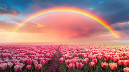 A breathtaking view of a vibrant tulip field with a stunning rainbow arching over the horizon at sunset. The colorful blooms create a serene atmosphere.の素材