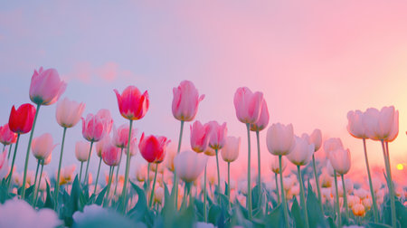 A stunning display of tulips in pink and white colors fills the foreground against a breathtaking sunset sky, evoking a sense of tranquility and beauty.の素材