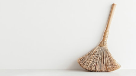 A beautiful bamboo broom with a wooden handle rests against a clean white background, perfect for showcasing home organization and cleaning tools in a minimalist style.の素材