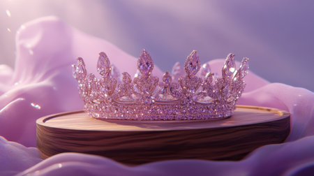A stunning pink crown adorned with sparkling jewels sits gracefully on a wooden surface, complemented by a soft purple background. Perfect for themes of beauty and elegance.の素材