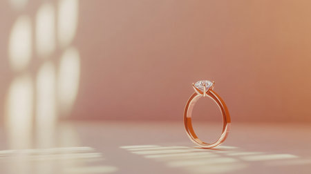 This stunning photograph showcases a diamond ring with a rose gold band. The soft background highlights the elegance and beauty of the jewelry under gentle natural light, creating an intimate and romantic ambiance.の素材