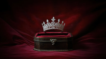 An elegant silver crown rests gracefully on a luxurious jewelry box, set against a rich red fabric background, exuding opulence and timeless beauty.の素材