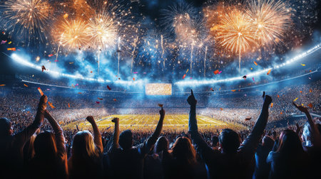 A vibrant scene depicting a joyful crowd in a stadium illuminated by dazzling fireworks during a major sports event, celebrating the electric atmosphere.の素材