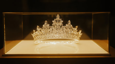 This stunning tiara is showcased within a glass case, illuminated to highlight its intricate design and sparkling details, representing luxury and elegance.の素材