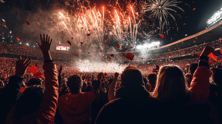A vibrant scene captures a large crowd in an outdoor stadium celebrating under a dazzling fireworks display at night. The atmosphere is electric with cheers and excitement.の素材