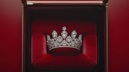 This stunning diamond crown is displayed in a plush red velvet box, exuding luxury and elegance, perfect for themes of royalty, fashion, and celebration.の素材