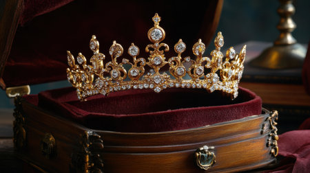 This stunning golden crown features intricate designs adorned with sparkling diamonds, resting on rich velvet inside a vintage jewelry box, perfect for elegance.の素材