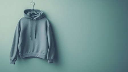 A stylish grey hoodie hanging on a light blue wall, showcasing a minimalist and modern aesthetic ideal for fashion and apparel inspiration.の素材