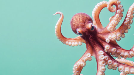 A vibrant octopus displays its colorful tentacles and expressive eyes against a soft green background, showcasing the beauty of marine life. Perfect for ocean-themed projects.の素材