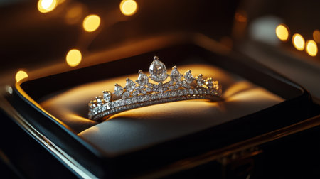 Capture the essence of luxury with this elegant silver tiara adorned with sparkling diamonds, resting in a black velvet box and surrounded by soft glowing lights.の素材