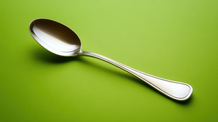 This image features a sleek silver spoon positioned on a vibrant green background, emphasizing its smooth reflective surface and minimalist design, ideal for culinary themes.の素材