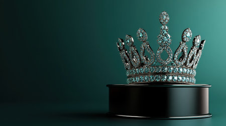 This stunning crown features intricate silver designs adorned with sparkling blue gemstones, creating a luxurious and regal display in a sophisticated setting.の素材