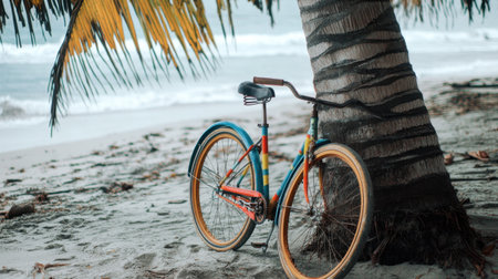 A vibrant, colorful bicycle rests against a tall palm tree on a sandy beach, with gentle waves lapping the shore, evoking a sense of adventure and relaxation.の素材