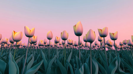 A stunning view of a tulip field during sunset, showcasing colorful blossoms in a soft pastel palette. This serene landscape captures the essence of nature's beauty.の素材