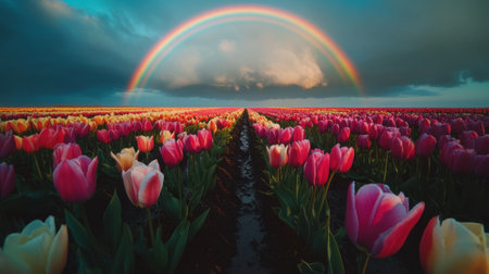 A stunning view of a tulip field showcases vibrant pink and yellow flowers under a magnificent rainbow, creating a breathtaking natural landscape.の素材