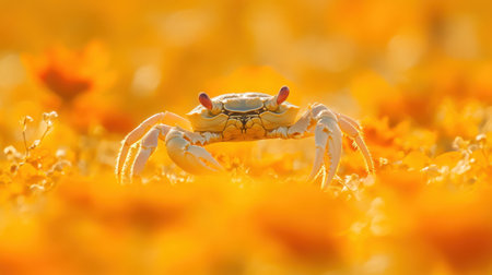 This stunning close-up photograph captures a crab blending beautifully within vibrant yellow flowers, showcasing nature's intricate details and colors.の素材