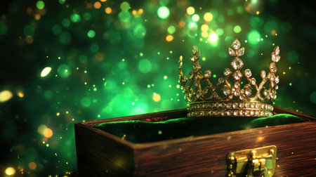 A stunning crown rests inside an open treasure box, radiating elegance with sparkling green bokeh lights. Perfect for themes of luxury and royalty.の素材