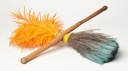 This image showcases vibrant feather dusters with bright orange and blue feathers resting on a soft background, ideal for cleaning and household applications.の素材