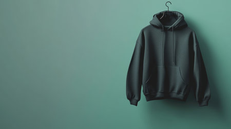 A stylish dark green hoodie is displayed on a hanger, set against a soft teal wall. This cozy design highlights modern casual fashion for everyday wear.の素材