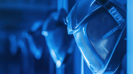 This image shows a series of industrial safety helmets illuminated by blue lighting, emphasizing their role in workplace safety and protection. Ideal for themes around industrial environments and safety practices.の素材