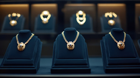 This captivating image features an elegant display of golden jewelry necklaces in a retail store, showcasing exquisite design and fine craftsmanship.の素材