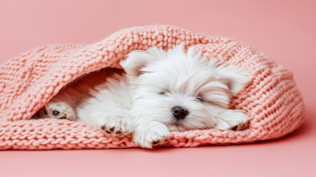 An adorable fluffy puppy peacefully sleeps wrapped in a soft pink blanket, creating a charming and cozy scene against a pastel backdrop.の素材