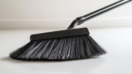 This image features a close-up view of a black plastic broom resting on a white surface, showcasing its design and utility for home cleaning tasks.の素材