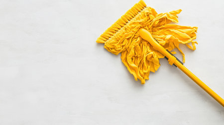A vibrant yellow mop rests on a clean, bright surface, symbolizing effective cleaning and home maintenance, perfect for residential or commercial spaces.の素材