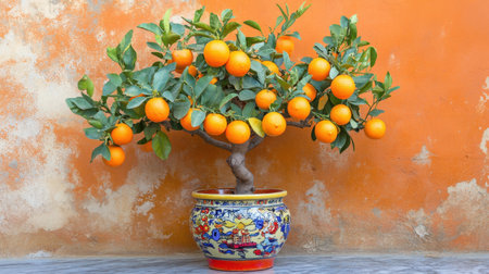 This vibrant orange tree, adorned with ripe fruits, sits elegantly in a decorative pot against a textured orange wall, perfect for home decor and gardening enthusiasts.の素材