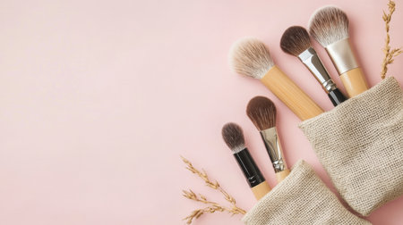 A chic arrangement of makeup brushes in a natural linen pouch against a soft pink background, combining beauty tools with minimalistic aesthetic appeal.の素材