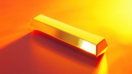 A gleaming gold bar rests on a vibrant orange background, highlighting its smooth surfaces and reflective qualities. Perfect for themes of finance and luxury.の素材