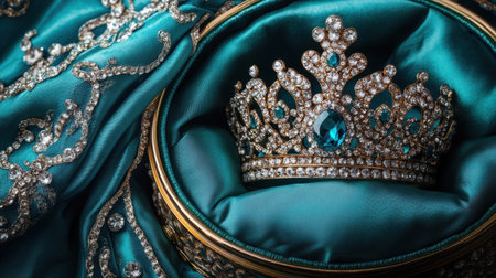 This captivating image features an elegant royal crown resting on rich teal fabric, adorned with intricate embroidery and sparkling gemstones, symbolizing beauty and luxury.の素材