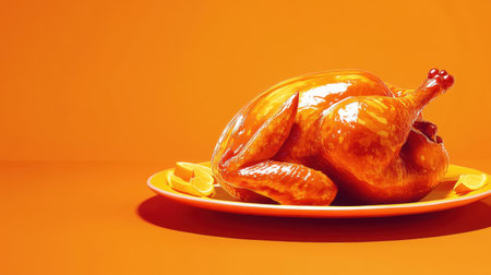 A stunning whole roast chicken beautifully presented on a bright orange plate, accompanied by fresh citrus slices, ideal for meals and celebrations.の素材