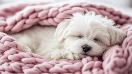 A charming fluffy white puppy sleeping soundly on a pink knitted blanket, exuding warmth and tranquility in a cozy indoor environment.の素材