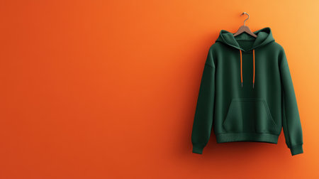 A stylish green hoodie hangs on a wooden hanger against a vibrant orange wall, perfect for showcasing casual fashion, design projects, or marketing materials.の素材