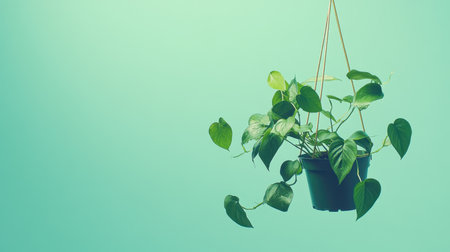 A vibrant hanging plant showcased in a decorative pot, set against a soothing soft green background. Perfect for enhancing home and office spaces with natural beauty.の素材
