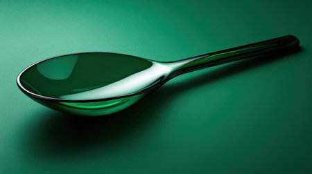 A stunning transparent green spoon rests on a smooth surface, highlighted by subtle light reflections and soft shadows, embodying modern elegance.の素材