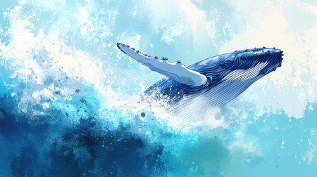 This artistic representation of a whale breaching the ocean surface captures the beauty and power of marine life, surrounded by vibrant blue waves and dynamic splashes.の素材