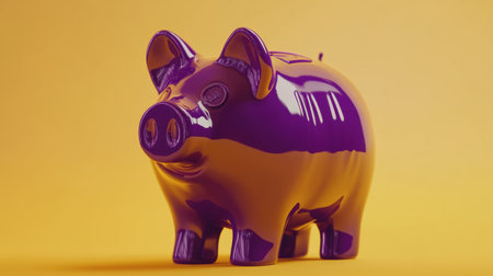 A vibrant glossy purple piggy bank stands out against a bright yellow background, symbolizing savings and financial aspirations in a fun, modern design.の素材