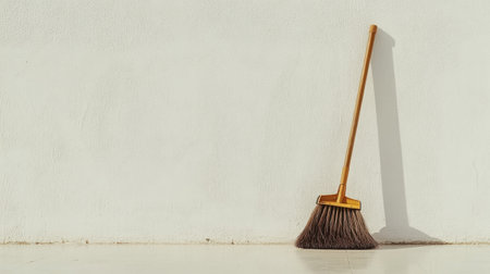A simple yet striking image of a wooden broom with straw bristles leaning against a clean white wall, highlighting the essence of minimalism in homecare.の素材