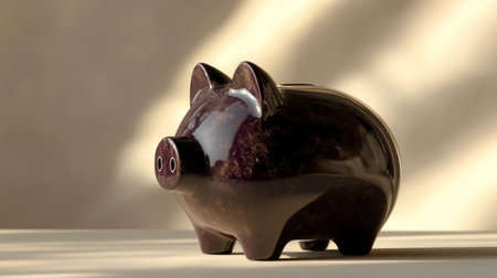 A sleek black piggy bank rests on a neutral surface, illuminated by soft light. This image captures the essence of saving and financial consciousness in a minimalist setting, ideal for concepts of budgeting and personal finance.の素材