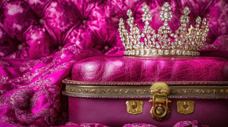 This stunning image features a luxurious vintage suitcase topped with a sparkling tiara, set against a rich pink fabric backdrop, evoking elegance and glamour.の素材