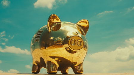 A shiny golden piggy bank stands prominently under a clear blue sky, representing the concepts of saving, investing, and achieving financial prosperity.の素材