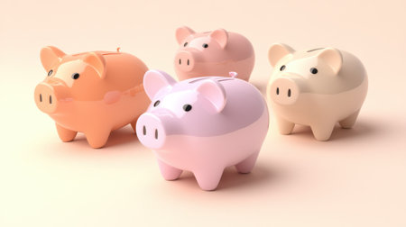 This image features adorable piggy banks in various pastel shades, highlighting the playful nature of saving money. Perfect for financial education themes.の素材