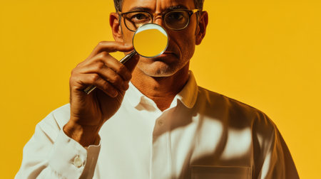 A thoughtful man holds a magnifying glass, emphasizing analysis and observation in a vibrant yellow setting. His serious expression conveys curiosity and focus.の素材