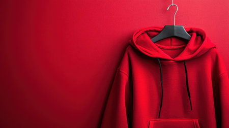 A vibrant red hoodie hanging on a black hanger against a bold red wall, perfect for showcasing fashion styles and lifestyle concepts in photography.の素材