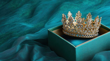 A stunning gold crown adorned with sparkling gems rests elegantly in a turquoise box against soft blue fabric. Ideal for themes of royalty or pageantry.の素材