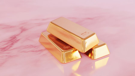 A trio of gleaming gold bars is elegantly arranged against a soft pink marble background, symbolizing luxury, wealth, and investment opportunities.の素材
