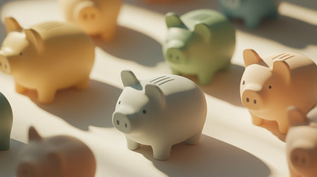 A charming array of pastel-colored piggy banks arranged on a bright surface, symbolizing financial management and saving strategies in an appealing and playful manner.の素材