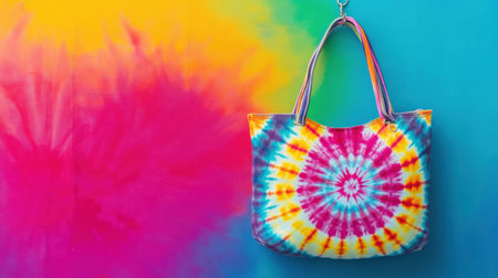 A vibrant tie-dye tote bag showcases swirling patterns of bright colors against a striking background, perfect for fashion and lifestyle photos.の素材